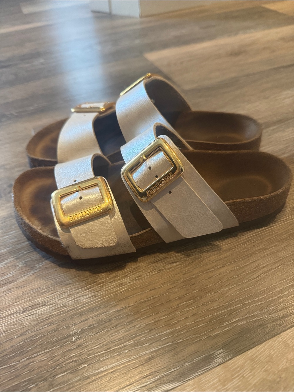 Birkenstock Women’s Off-White Two-Strap Sandals with Gold Buckles - Picture 3 of 6